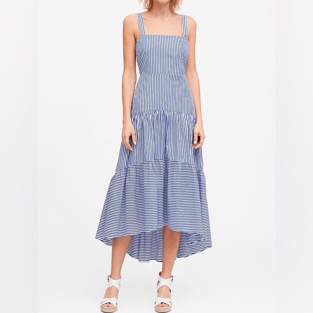BANANA REPUBLIC NWT Blue White Stripe Cotton Poplin Tiered Maxi Dress 2 Small